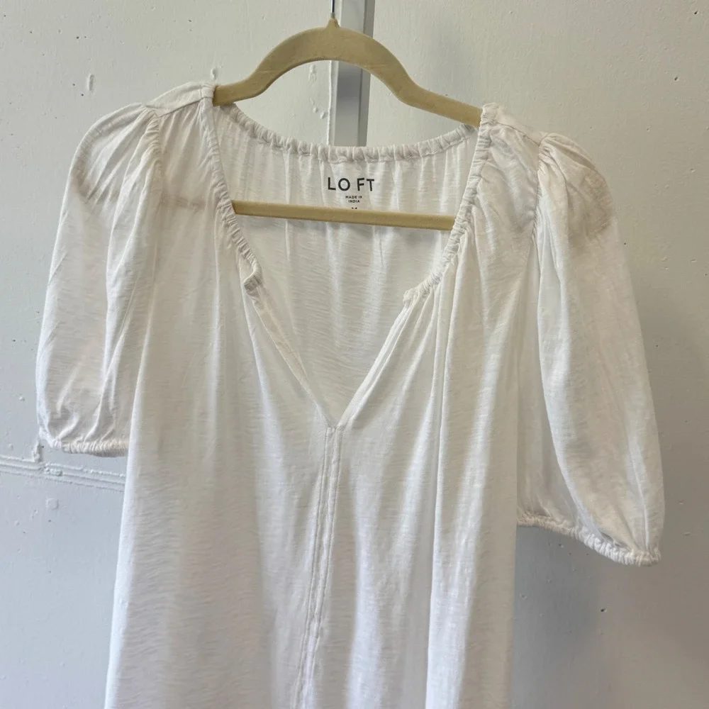 LOFT Cotton Slub Puff Sleeve Split Neck Blouse Top Medium 36801213 White Relaxed
